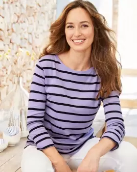 Image of Cotton Traders Womens Wrinkle Free ¾ Sleeve Scoop Neck Stripe Jersey Top in Purple