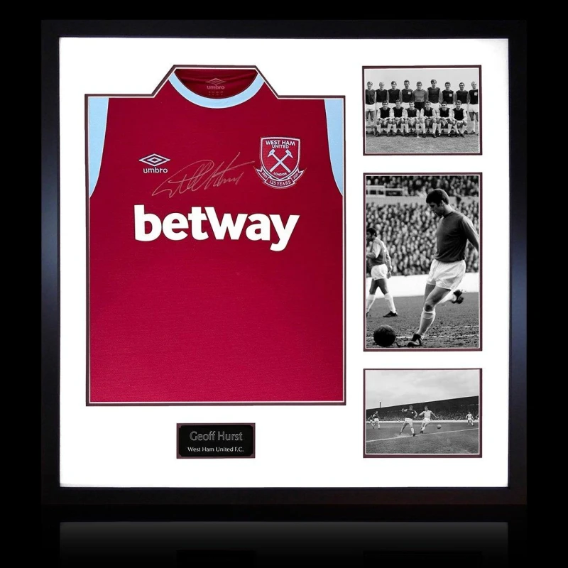 Image of The Fan Cave Geoff Hurst Signed West Ham Shirt Elite Frame Maroon unisex 820mm x 82