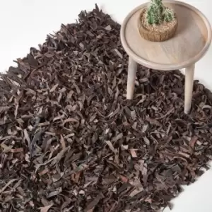 Image of Dallas Leather Shaggy Rug Chocolate, 120 x 180cm - Brown - Homescapes