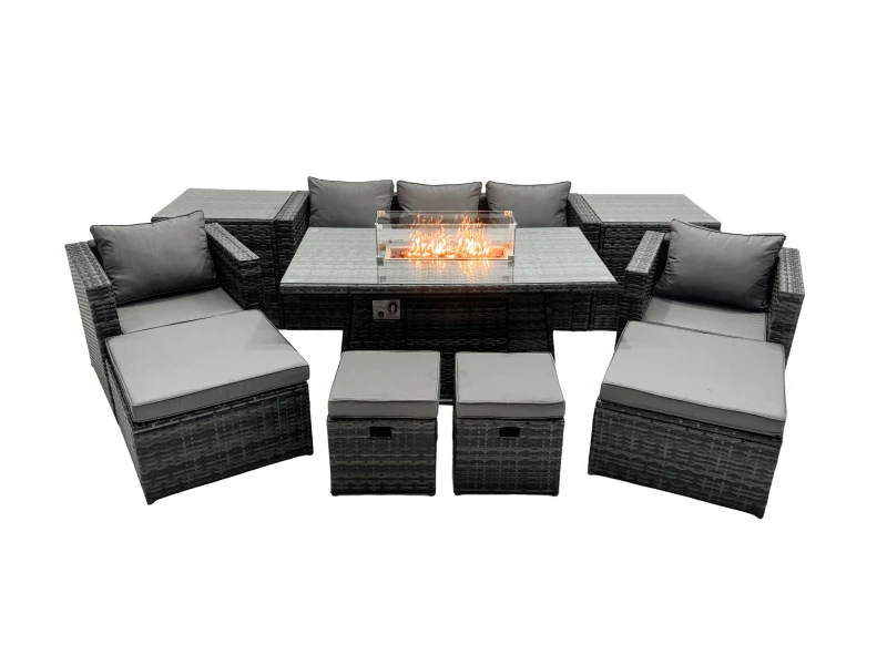 Image of Fimous Rattan Garden Furniture Firepit Dining Set 9 Seater Lounge Sofa Table Set with 2 side table 4 Footstool Dark Grey