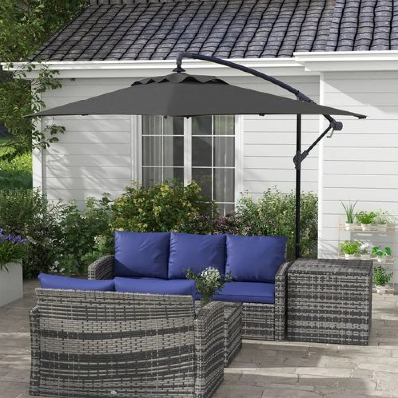 Image of Outsunny 3m Cantilever Parasol with Cross Base, Crank Handle, 6 Ribs, Black 84D-270V00BK