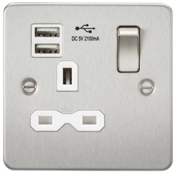 Image of KnightsBridge Flat plate 13A 1G switched socket with dual USB charger (2.1A) - brushed chrome with white insert