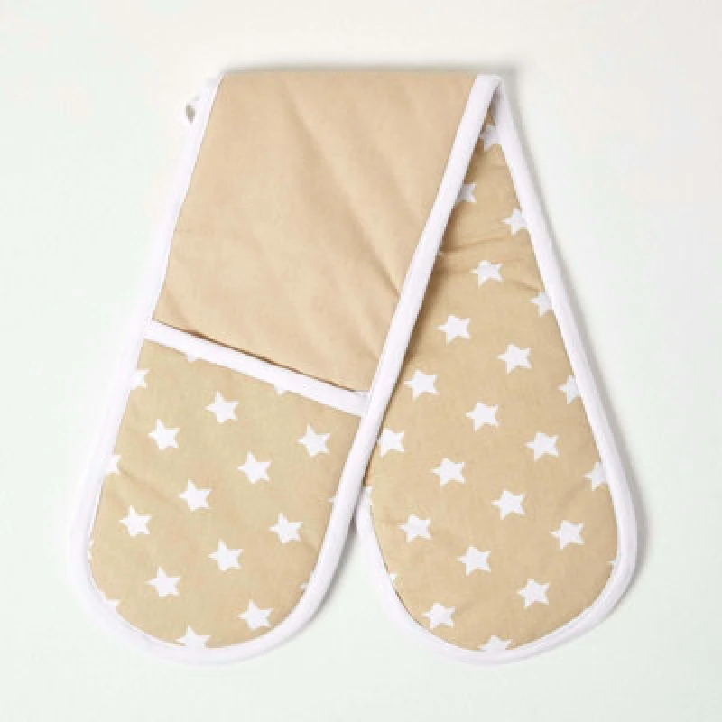 Image of Homescapes Beige Stars Cotton Double Oven Glove Beige unisex