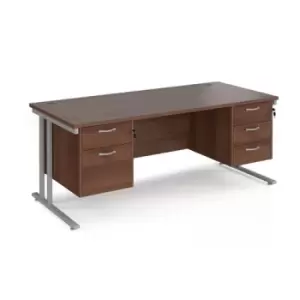 Image of Office Desk Rectangular Desk 1800mm With Double Pedestal Walnut Top With Silver Frame 800mm Depth Maestro 25 MC18P23SW