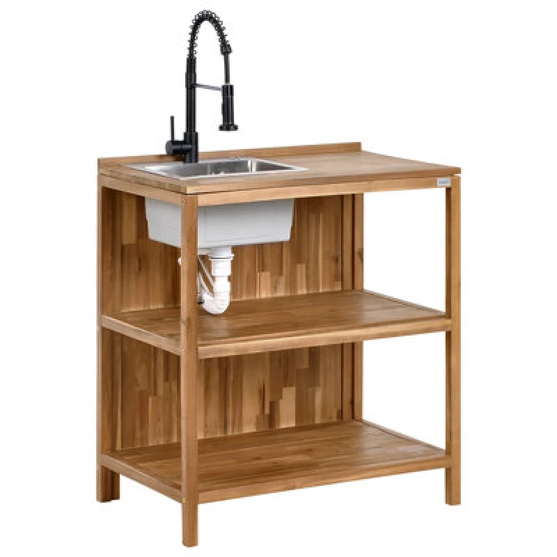 Image of Beliani Outdoor Kitchen Island With Sink Venosa Acacia Wood Brown/ Black Brown
