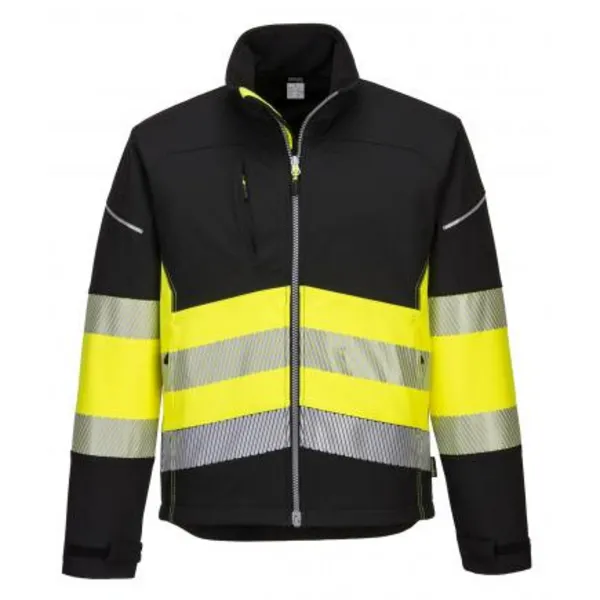 Image of Portwest PW3 Mens Hi Vis Class 1 Softshell Jacket PW375BKYXS Colour: Black / Yellow