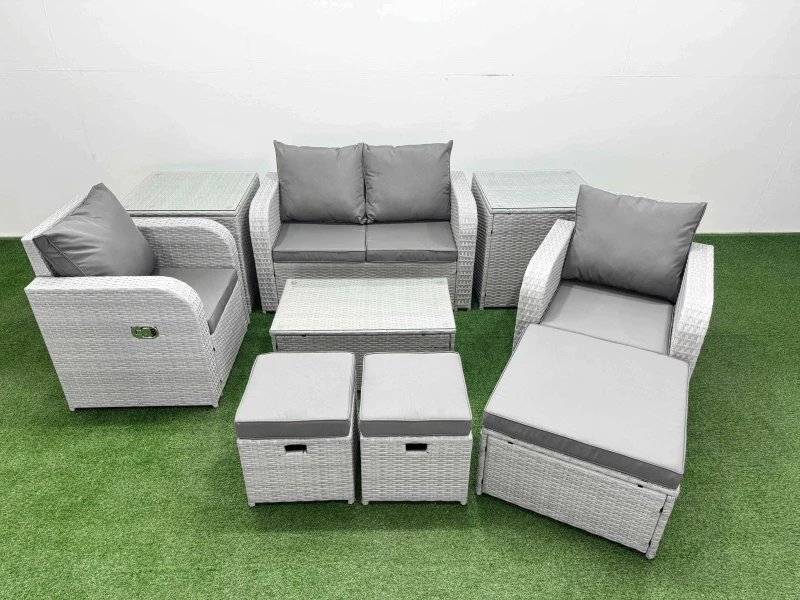 Image of Fimous Light Grey PE Wicker Rattan Garden Furniture Set Sofa Set Reclining Adjustable Chair Rectangular Coffee Table 7 Seater 3 Small Stools 3 Side Ta