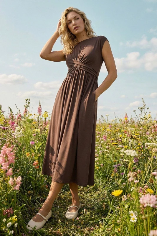 Image of Roman Womens Crossover Front Stretch Midi Dress in Chocolate Size: 20 Chocolate Female 20
