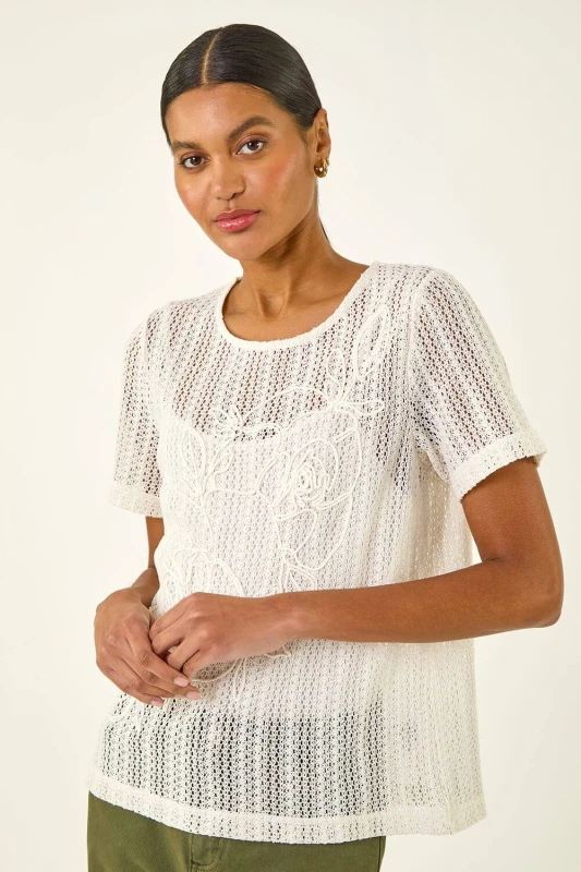 Image of Roman Womens Textured Floral Line Stretch Top in Cream Size: 10 Cream Female 10