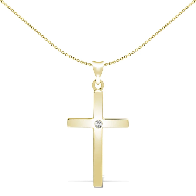 Image of Jewelco London 9ct Gold 0.05ct Diamond Minimalist Solitaire Cross Pendant - 9X088 Gold
