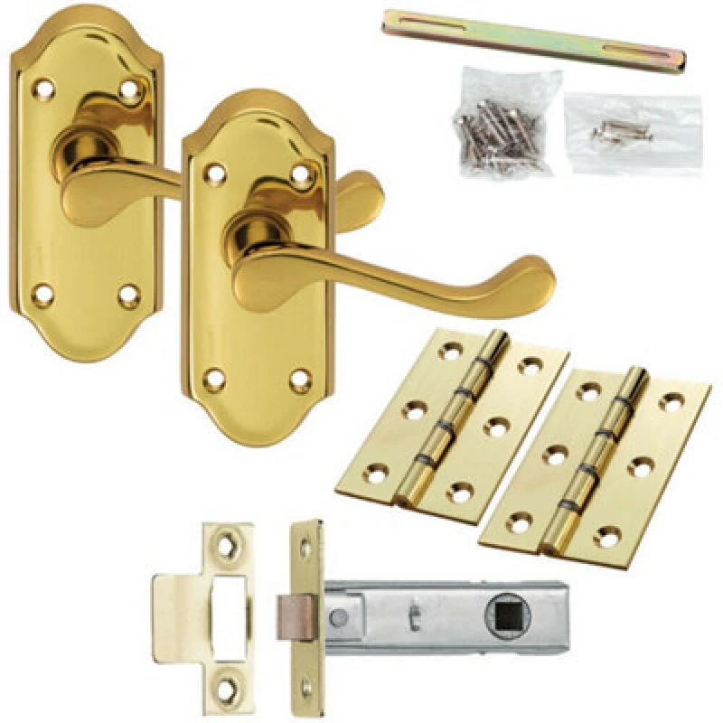 Image of Loops Door Handle & Latch Pack Brass Victorian Scroll Short Lever Ornate Backplate Metallics