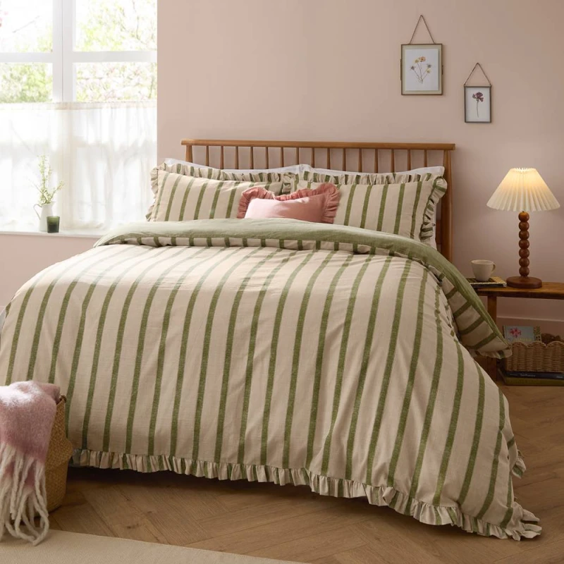 Image of Wylder Connie Striped Ruffle Duvet Cover Set in Olive Size: King Olive Unisex King