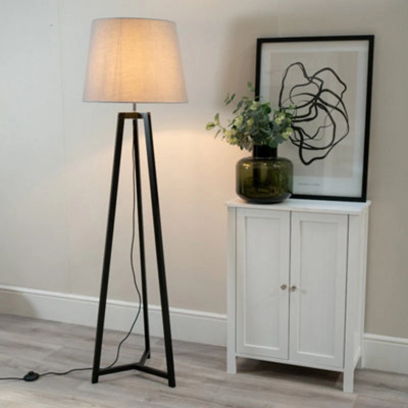 Image of ValueLights Lottie Black Wood Tripod Floor Lamp with Fabric Tapered Shade and LED Bulb Grey