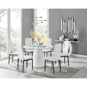 Image of Furniture Box Palma White High Gloss Round Dining Table and 6 White Milan Black Leg Chairs