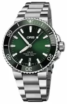 Image of ORIS 01 733 7730 4157-07 8 24 05PEB Mens Aquis Date Green Watch