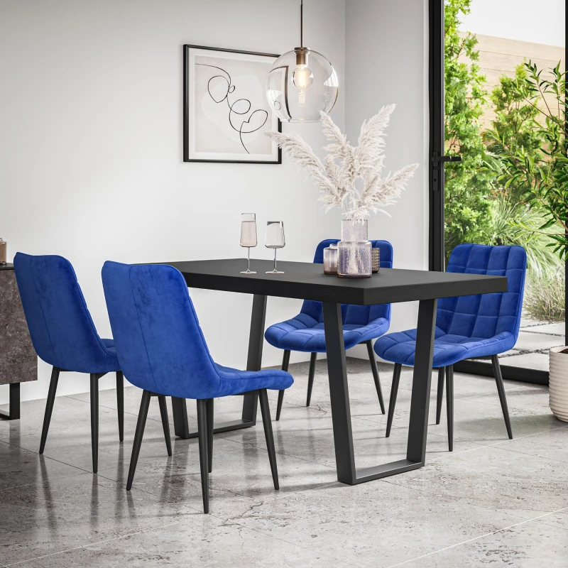Image of More4Homes Aria Dining Table And Chairs - Black Table Top W Black Legs + Nova Velvet Dining Chair Set Of 6 (Blue)
