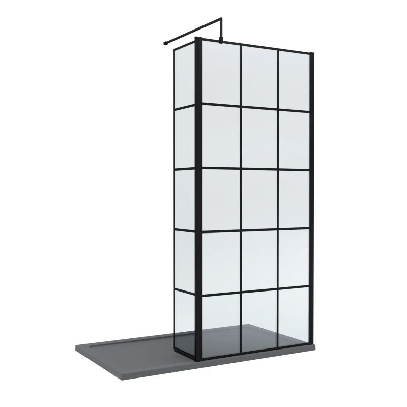 Image of Balterley 8mm Glass Wetroom Screen, Return Black Framed and Tray 1400 x 700mm Grey
