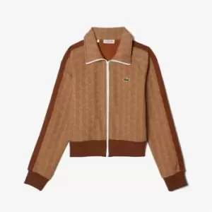 Image of Lacoste Womens Regular Fit Monogram Print Zip Sweatshirt Size 10 Beige / Brown