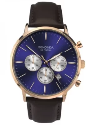 Image of Sekonda Mens Rose Gold Plated Dual-Time Blue Sunray Dial Dark...