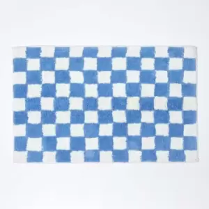 Image of Blue & White Check 100% Cotton Non Slip Bath Mat - Blue - Blue - Blue - Homescapes