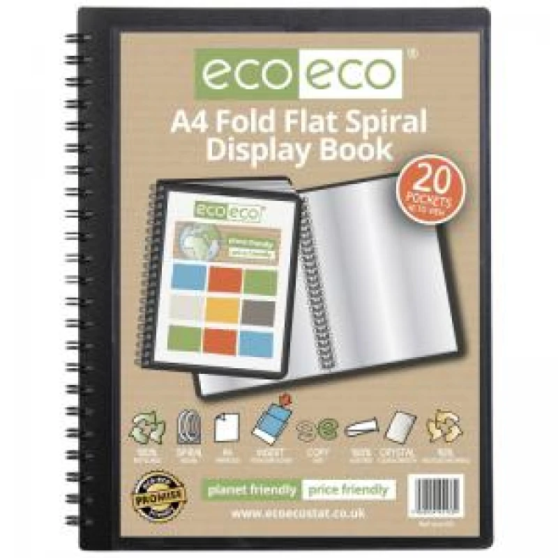 Image of Eco Eco 50% Recycled Fold Flat Spiral Display Book 20 Pockets A4 Black eco133-S