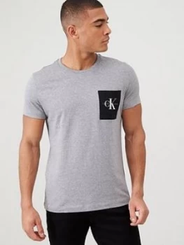 Image of Calvin Klein Jeans Monogram Pocket Slim T-Shirt - Mid Grey Heather, Mid Grey Heather, Size 2XL, Men