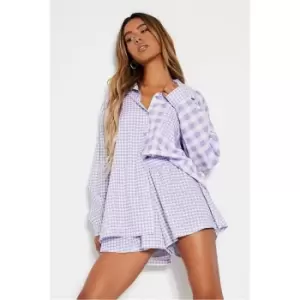 Image of I Saw It First Lilac Contrast Gingham Pocket Front Boyfriend Shirt Co-Ord - Purple