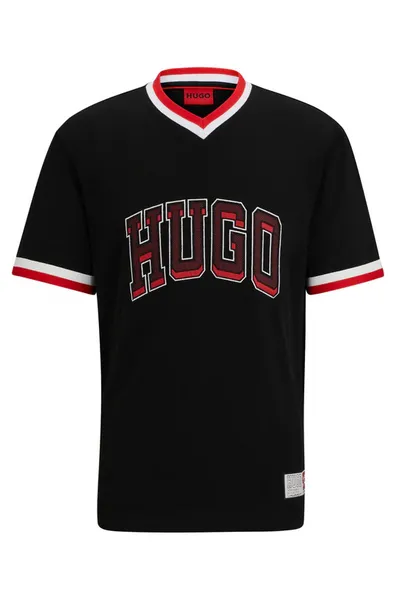 Image of HUGO Duava Cotton-Jersey Varsity T-Shirt - S Black Tops male 50510173-001 S