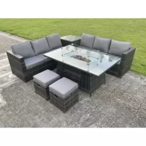 Image of Fimous 6 Seater Outdoor Dark Grey Rattan Lounge Complete Sofa Set with Gas Fire Pit Table and 2 Stools