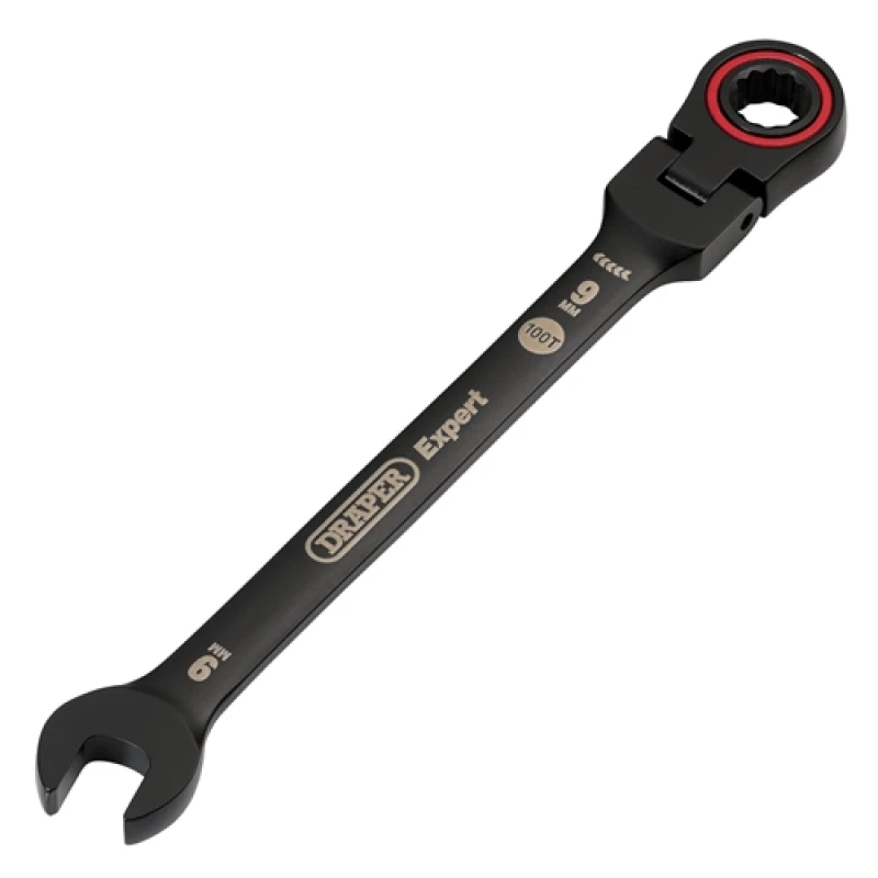 Image of Draper Expert HI-TORQ Metric Flexible Head Ratchet Combination Spanner, 9mm, Black 3915