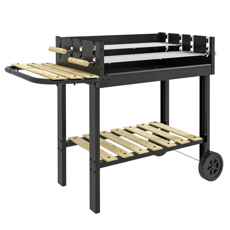 Image of Outsunny Charcoal?BBQ?Grill with Side Table, Storage Shelf and Wheels, Black 846-144V00BK