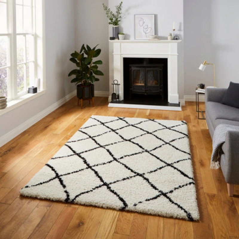 Image of White Black Shaggy Moroccan Modern Geometric Rug For Living Room Bedroom And Dining Room-200Cm X 290Cm
