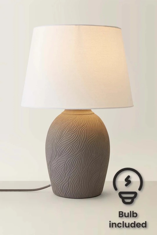 Image of ValueLights ValueLights Clint Linen Tapered Shade Grey Etched Hand Finished Ceramic Table Lamp with Bulb in Mid Grey Mid Grey One Size Unisex 50594060