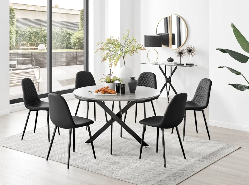 Image of FurnitureboxUK FurnitureboxUK Novara Grey Concrete Effect Black Leg 120cm Round Dining Table & 6 Corona Black Leg Chairs Black One Size Unisex 5056657