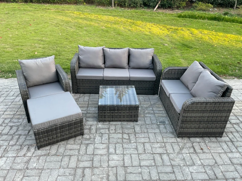 Image of Fimous Rattan Garden Furniture 5 Piece Patio Set With Table Sofa Square Coffee Table Reclining Chair Loveseat sofa Big Footstool Dark Grey