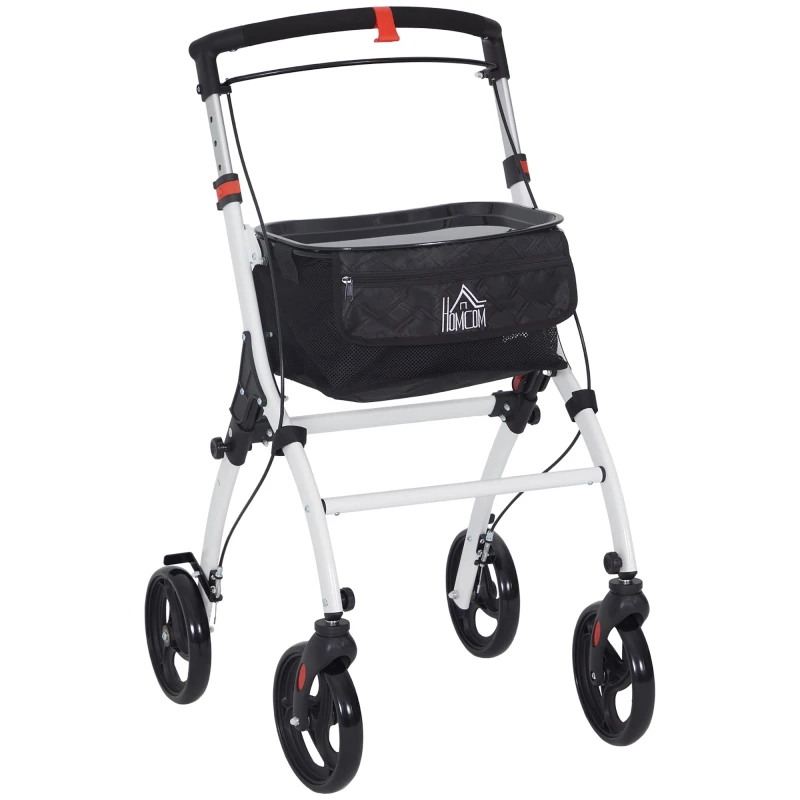 Image of HOMCOM Folding Upright Rollator Walker with Storage Bag, Tray, White White