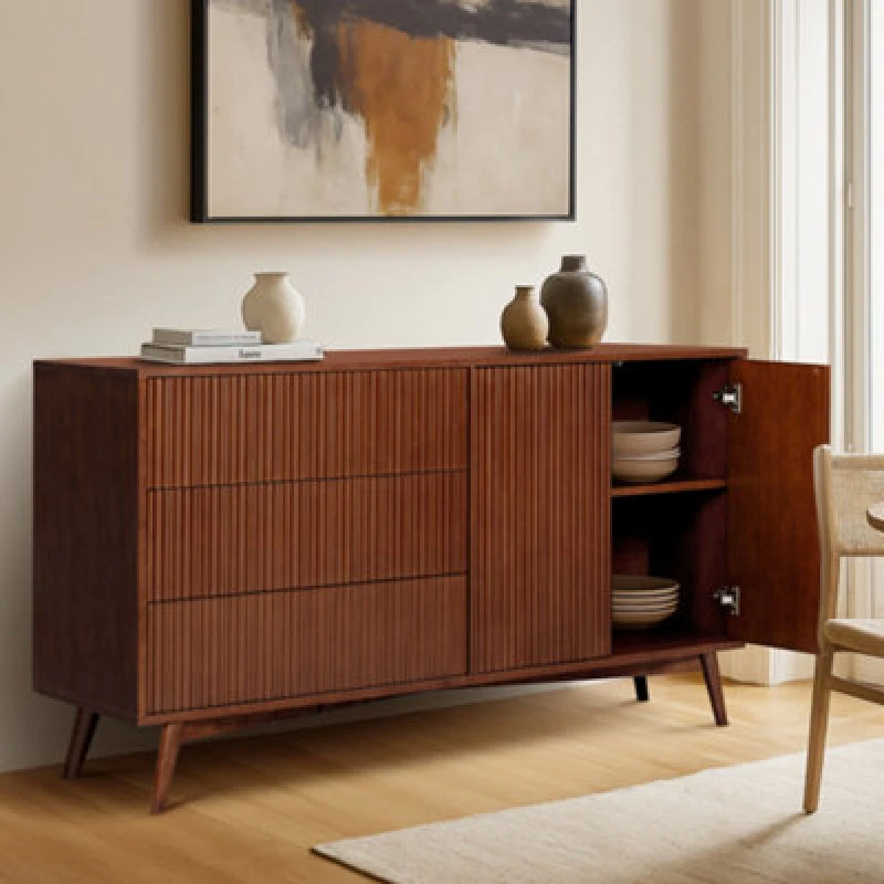 Image of Teamson Home Tremolo Wooden Sideboard 3 Fluted Push-Open Drawers 2 Doors, Walnut