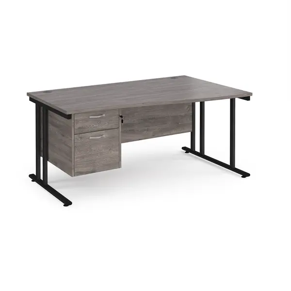 Image of Maestro 25 right hand wave desk 1600mm wide with 2 drawer pedestal - Black cantilever leg frame, grey oak top
