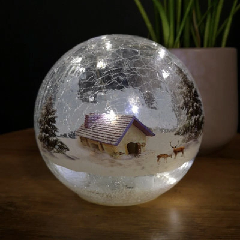 Image of Samuel Alexander 15Cm Festive Christmas Crackle Effect Glass Lodge Scene LED Light Ball