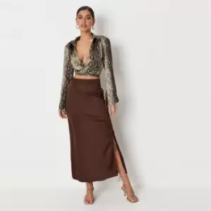 Image of Missguided Bias Cut Midi Slip Skirt - Brown
