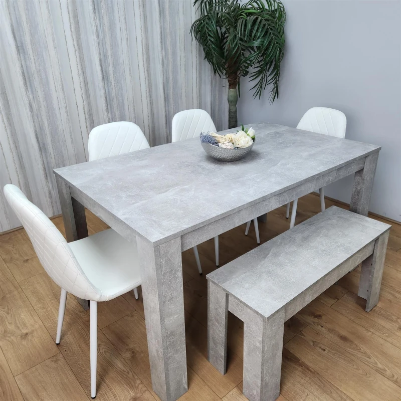Image of KOSY KOALA Wooden Rectangle Dining Table Sets with Set of 4 Chairs, a Bench, Grey and White Stone grey 140 + 4 white gem + 1 bench