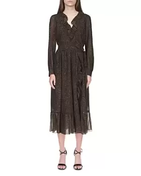 Image of Michael Kors Leopard Print Ruffle Wrap Midi Dress