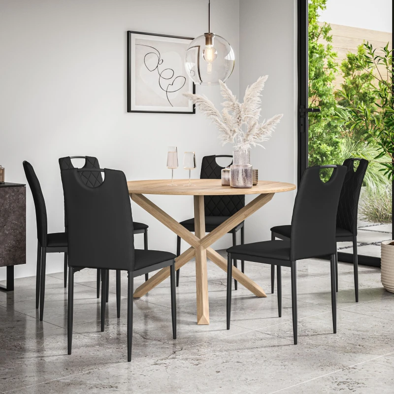 Image of More4Homes Malvern Round Dining Table And Chairs - Oak Table Top W Solid Oak Legs + Monza Faux Leather Dining Chair Set Of 6 (Black)