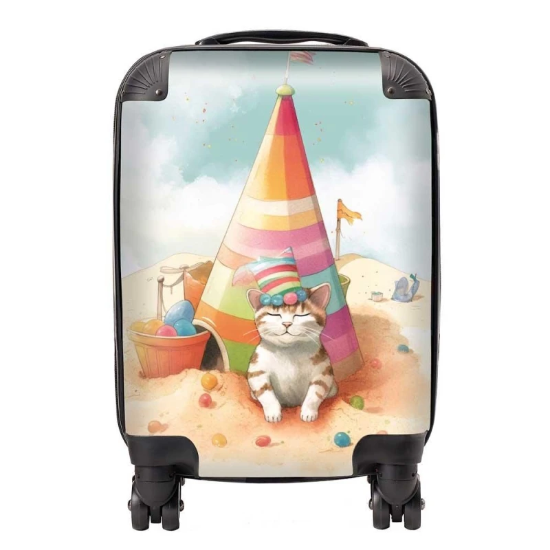 Image of Warren Reed - Designer Cat On A Beach Holiday Suitcase in Yellow Size: Cabin Yellow Unisex Cabin