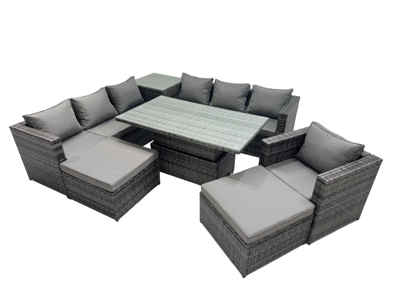 Image of Fimous 9 Seater Outdoor Garden Rattan Furniture Set with Side Table 2 Stool in Dark Grey Dark Grey Unisex