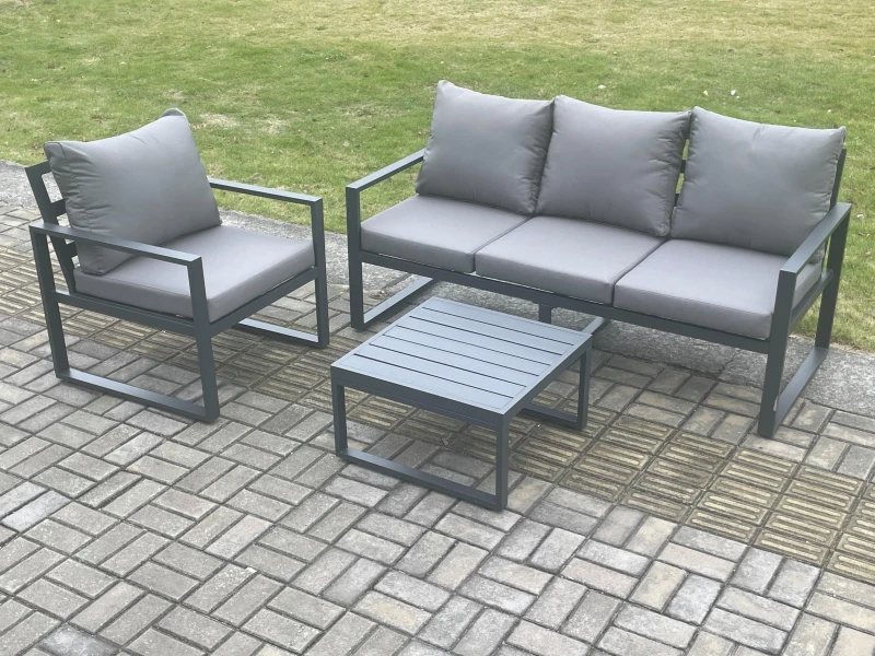 Image of Fimous Aluminium Outdoor Garden Furniture Set Lounge Sofa Chairs Square Coffee Table Sets Conservatory Set Dark Grey Dark Grey Unisex