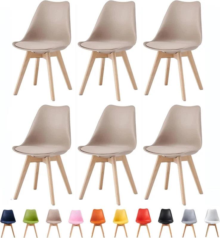 Image of MCC Direct Set of 6 Dining Chairs with Solid Wooden Legs & Seat Cushion Pads in Grey - Eva by MCC in Brown Brown Unisex