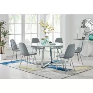 Image of Santorini White Round Dining Table And 6 Grey Corona Faux Leather Dining Chairs with Silver Legs Diamond Stitch - Elephant Grey