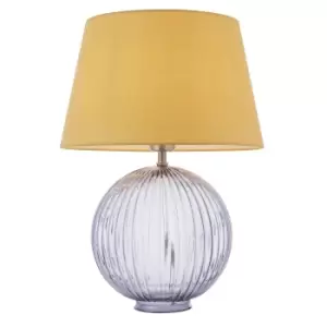 Image of Table Lamp Smokey Grey Ribbed Glass & Yellow Cotton 40W E27 Bedside Light
