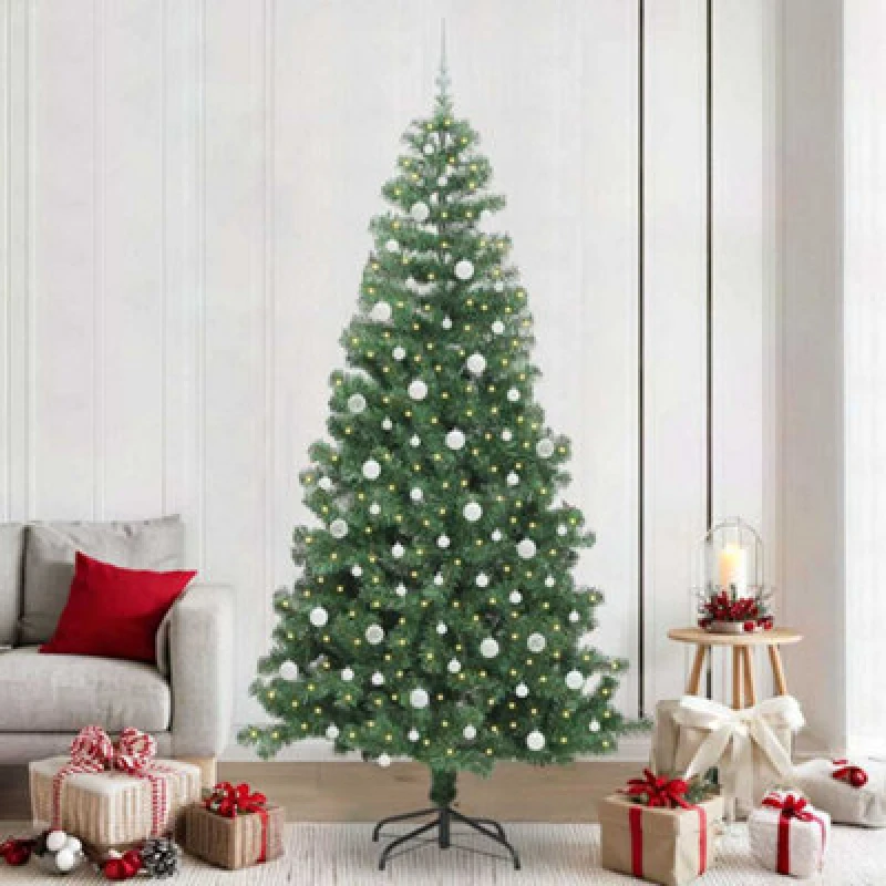 Image of vidaXL Christmas Tree with 300 LEDs, White Balls with Stand Green 240cm PVC, Green 3396401